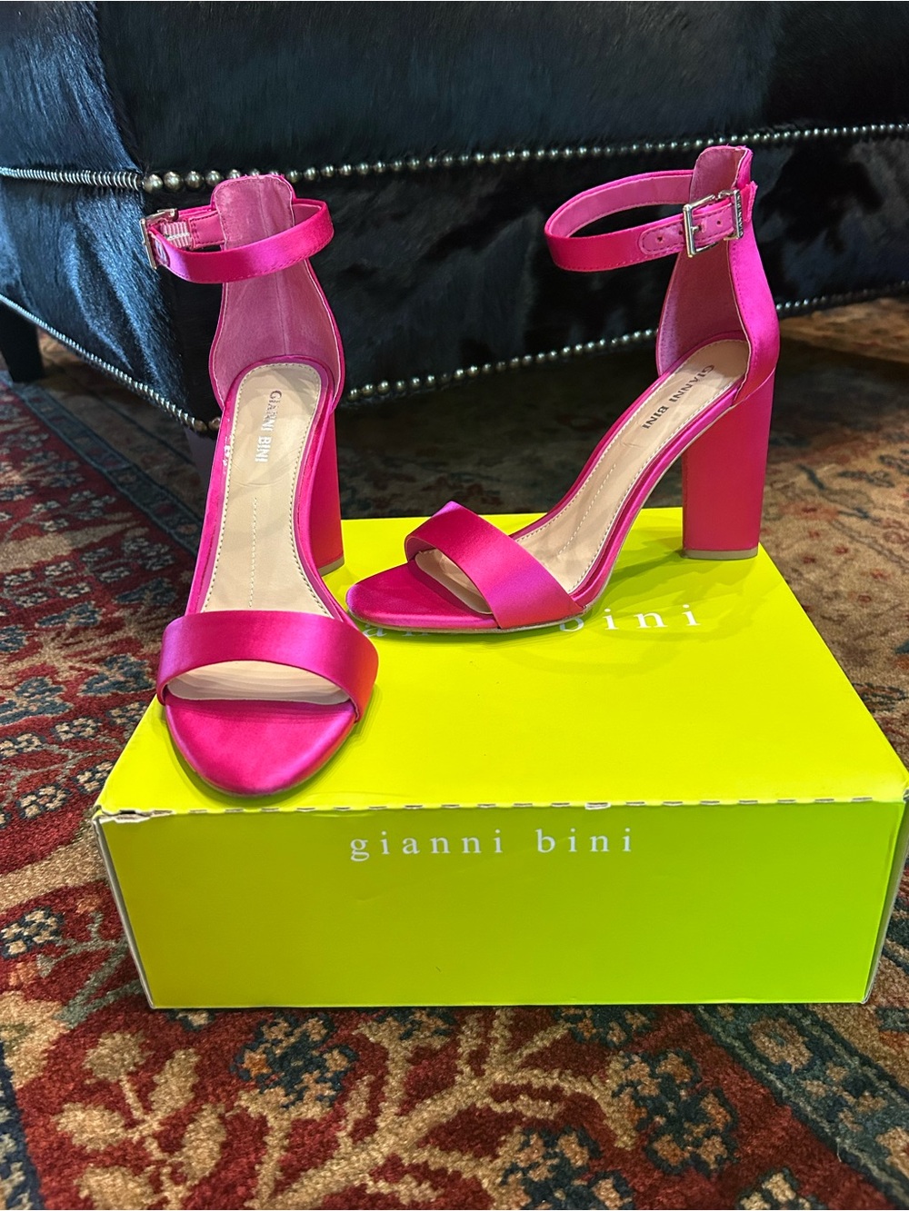 Gianni Bini Bright Pink Satin Block Heel Ankle Strap Sandals